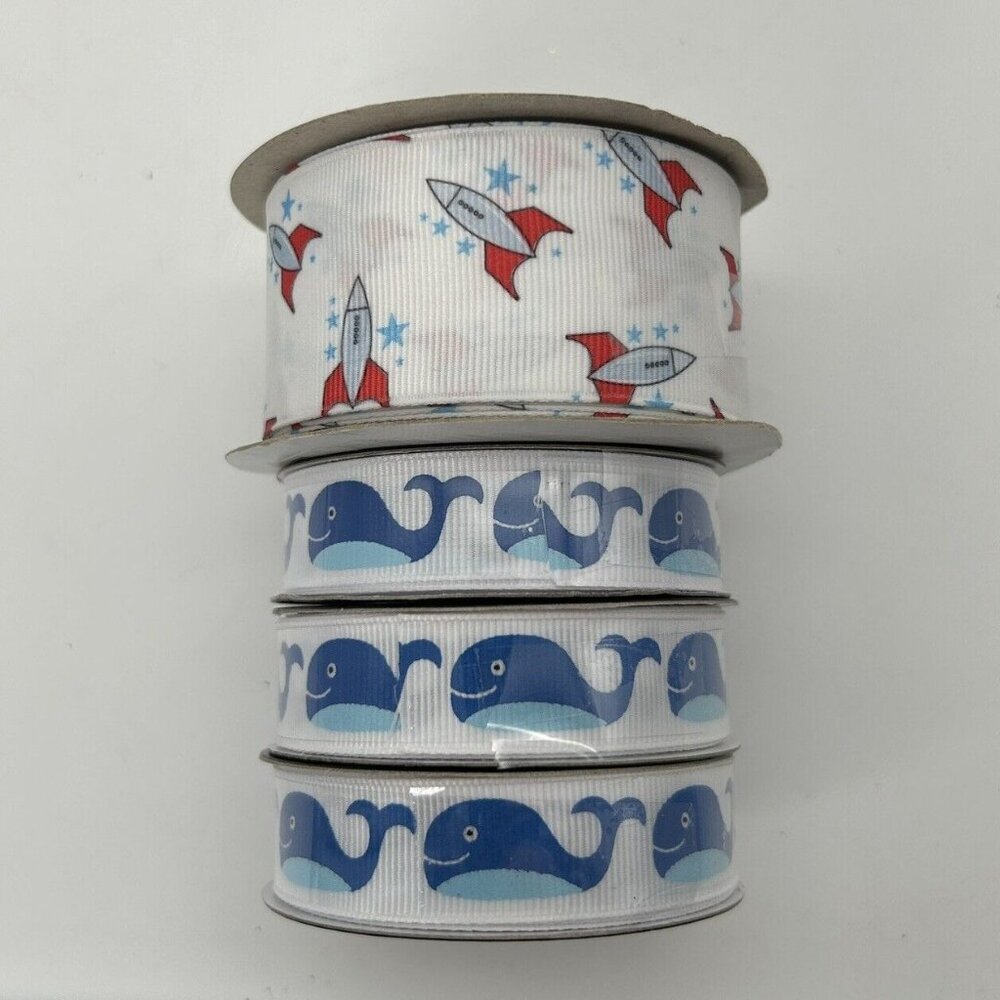 Lot of 4 Ribbon Grosgrain Rockets Whales Boy Craft Sew Space Ocean Blue